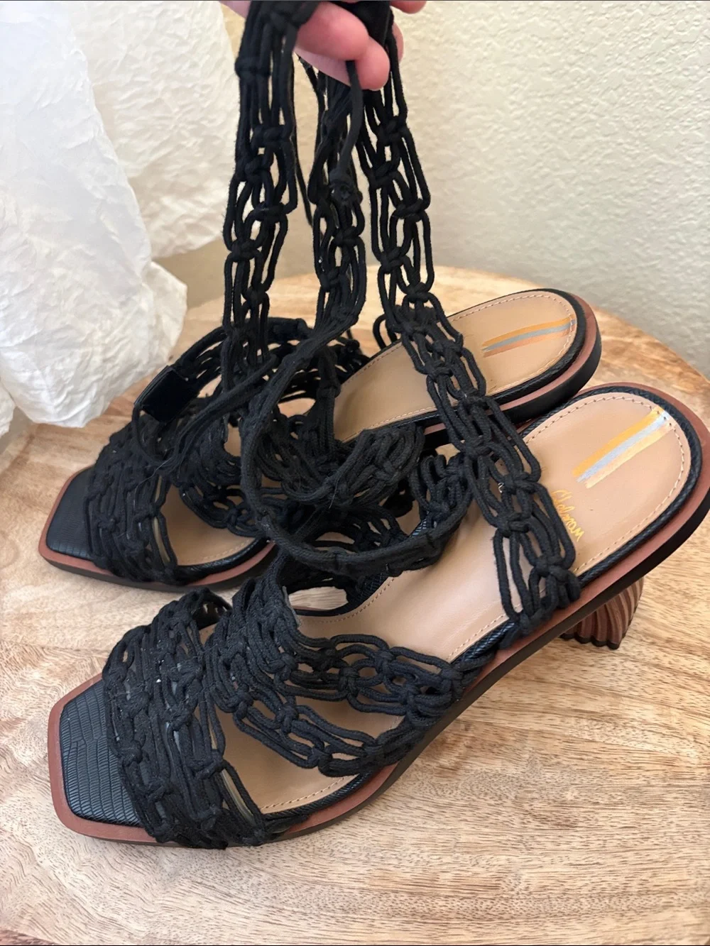 Sam Edelman Black Braided Ankle-Tie Block Heels